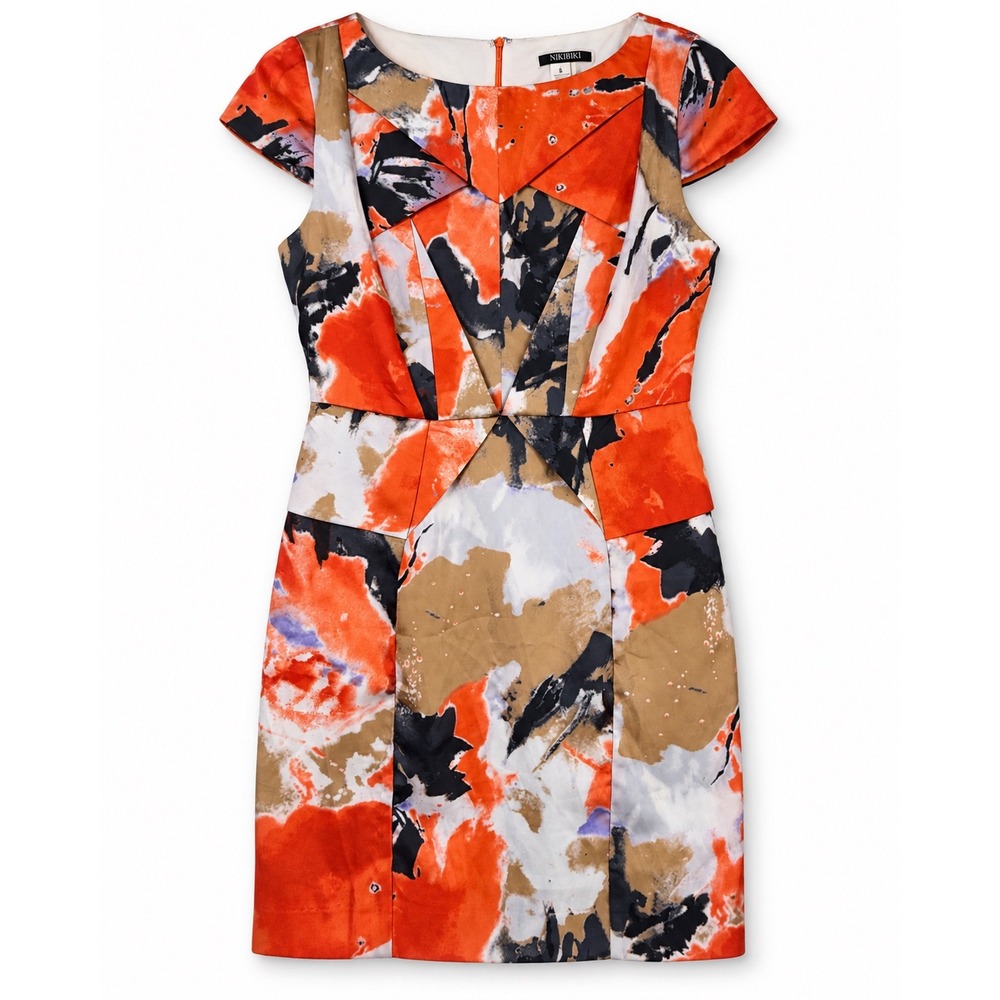 Nikibiki Sheath Dress S Orange Abstract Floral Cap Sleeve Peplum Mini
